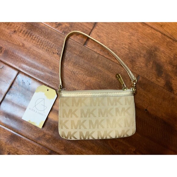 Michael Kors Gold Fabric Signature Monogram Embroidered Wristlet Wallet - Picture 2 of 4